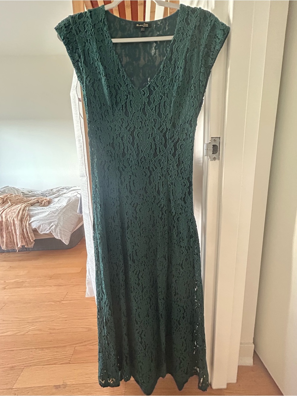 Massimo Dutti Dark Green Lace Cocktail Wedding Guest Dress